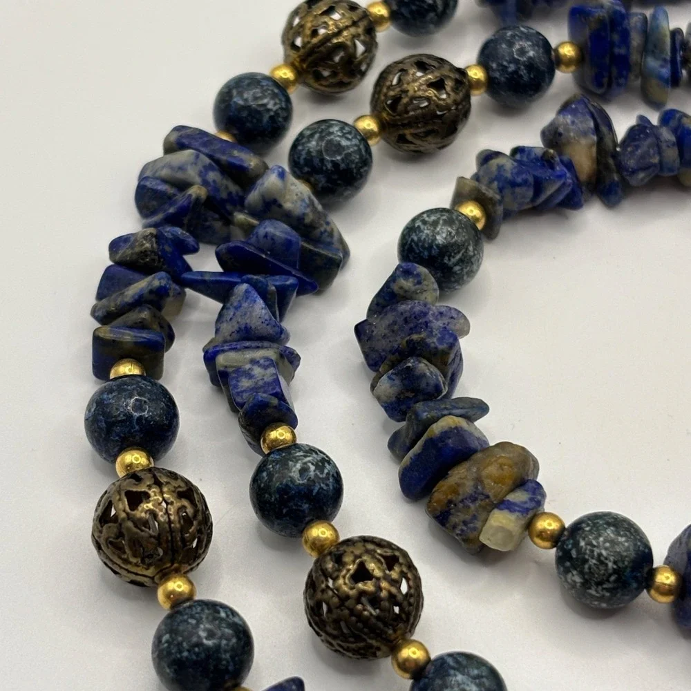 Vintage Lapis Lazuli Chips Filagree Beaded Necklace 31